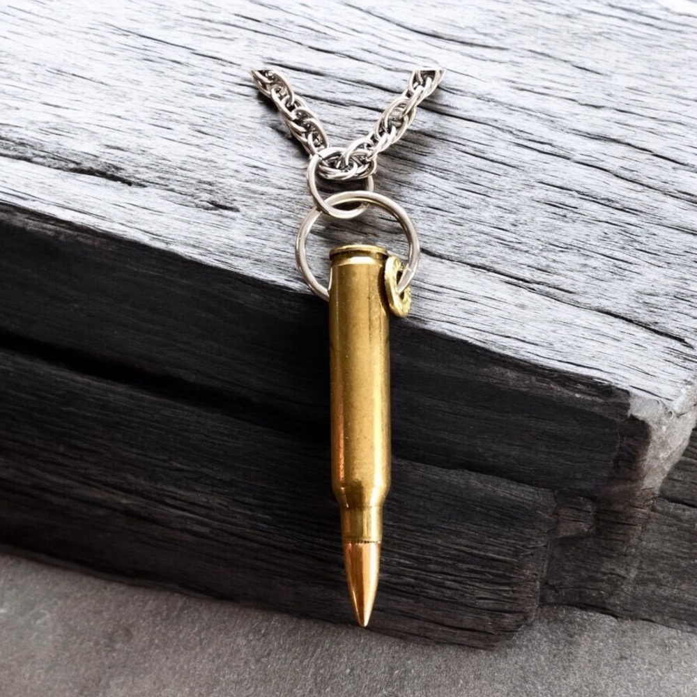 🆕22 Caliber Bullet with a 22 Caliber Bullet Slice Pendant Chain Stainles…